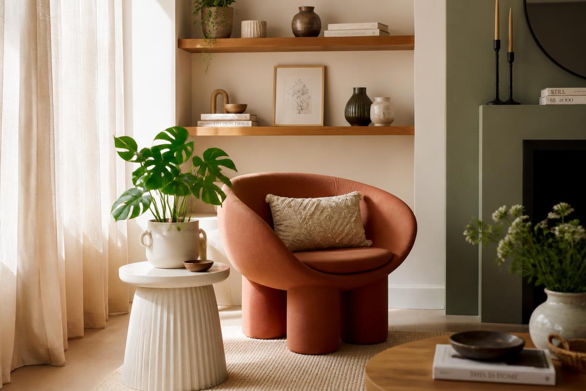 A cozy modern living room corner with curated home décor, a terracotta accent chair, and natural light